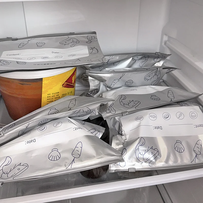 10 Stück/Beutel Lebensmittel-Aufbewahrungsbeutel, Küchen-Aluminiumfolie-Frischhaltebeutel, Gefrierbeutel mit Reißverschluss, große Kapazität, wiederverwendbar – Detail 5