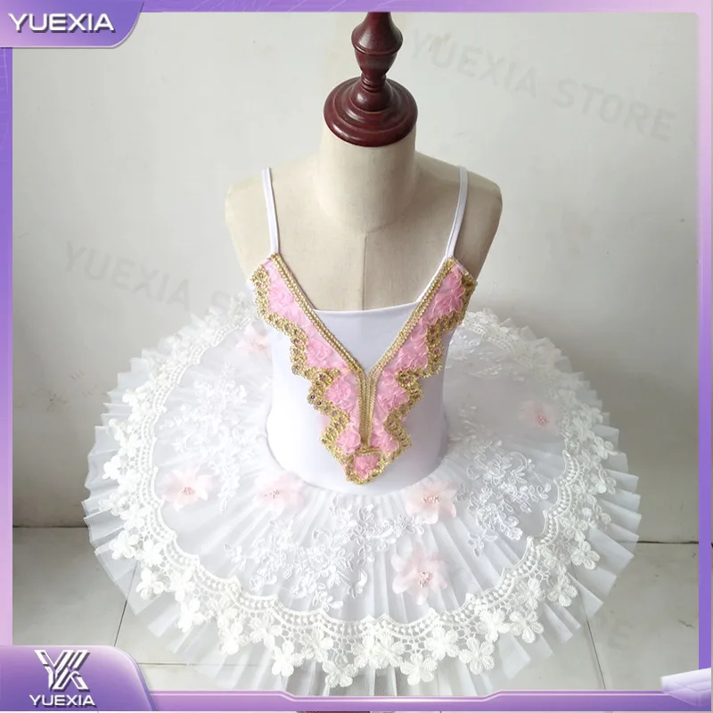 

White Swan Professional Ballet Tutu Dress V Neck Sleeveless Tulle Bodysuit Leotard for Dance Competition Stage Performance Adult