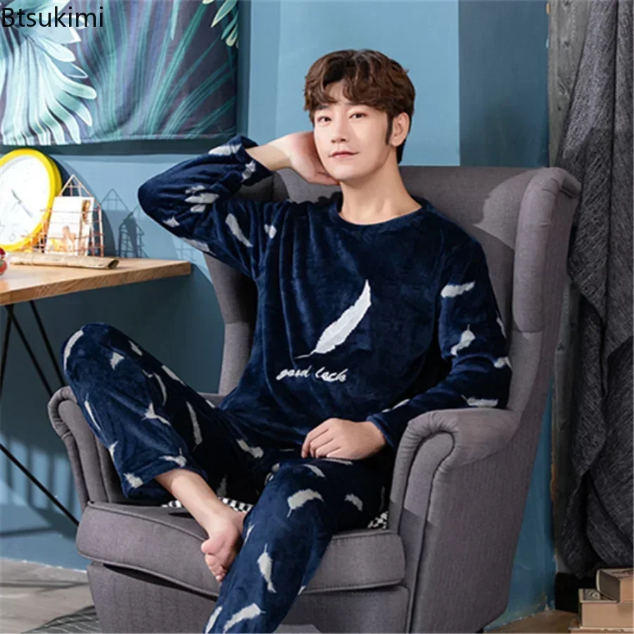 New 2024 Autumn Winter Long Sleeve Thick Warm Flannel Pajama Sets for Men Coral Velvet Soft Sleepwear Suit Pyjamas Homewear Male