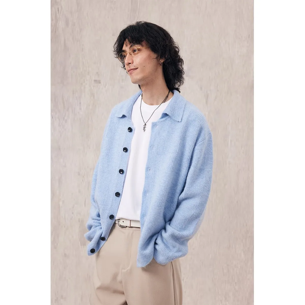 

Autumn Winter Loose Versatile Trendy Color Alpaca Wool Blend Chboard Knitted Open Cardigan Button Sweater Jaet