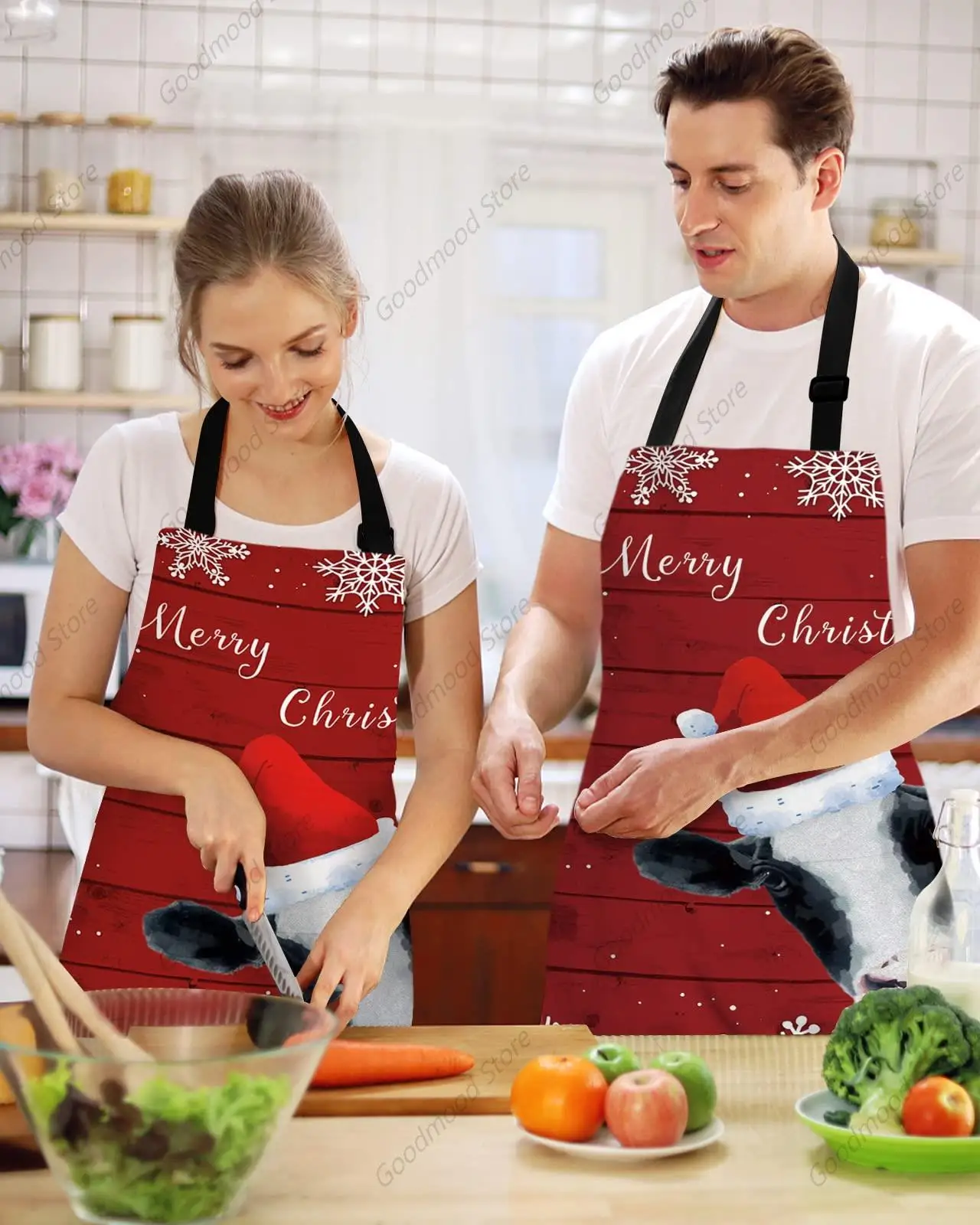 Merry Christmas Cow with White Snowflake Kitchen Aprons with Pockets, Red Wooden Stripes Grain Chef Aprons for Cooking