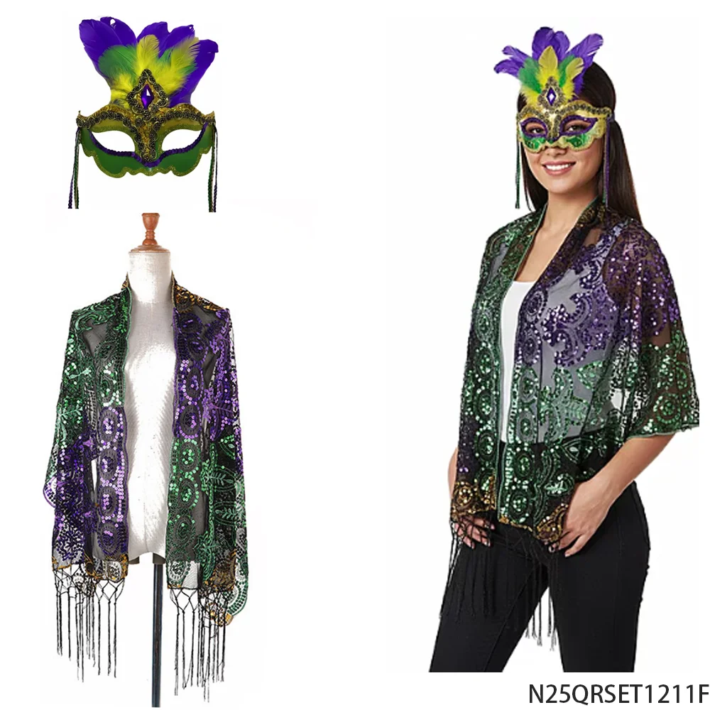 

PESENAR Mardi Gras Women's Costume Set Sequin Shawl Feather Mask Party Accessory