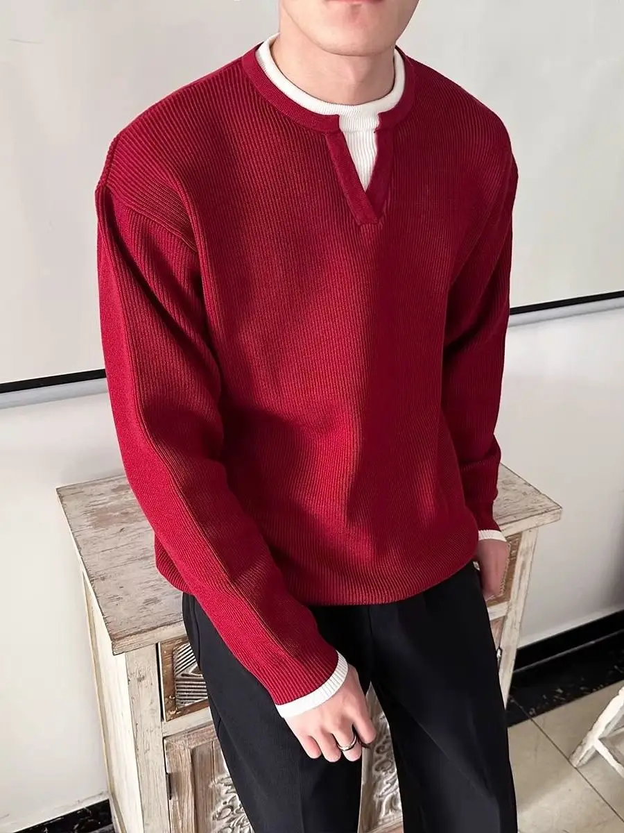 

Men's Knitted Sweater V-Ne round Ne Winter Faion Brand Red Color Luy Year Fake Two-Piece Sle Casual Wear Polyester ...