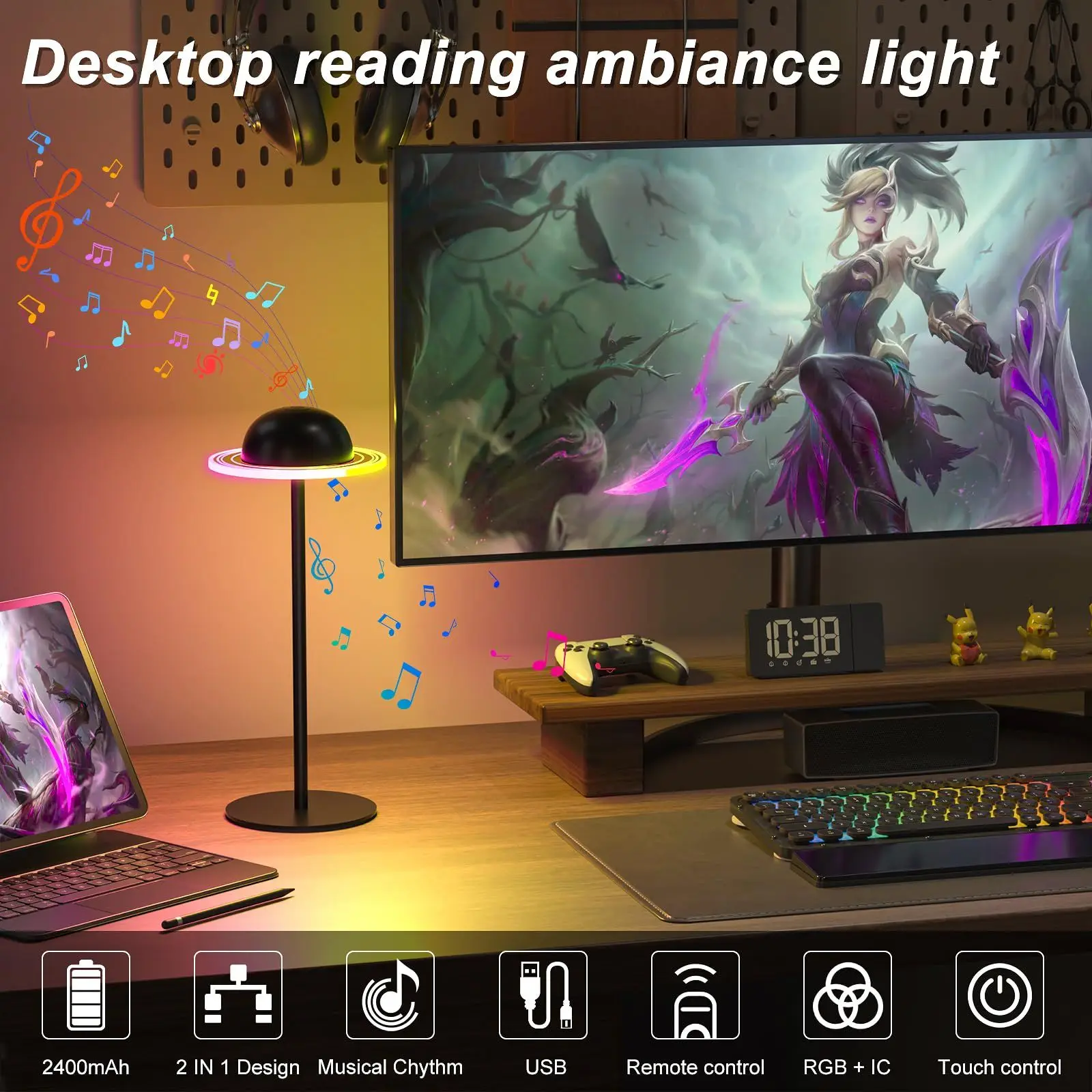 RGB Music Sync Model Table Lamp 2400mAh Rechargeable with Remote Touch Control  LED Atmosphere Night Light for Room Bar Party