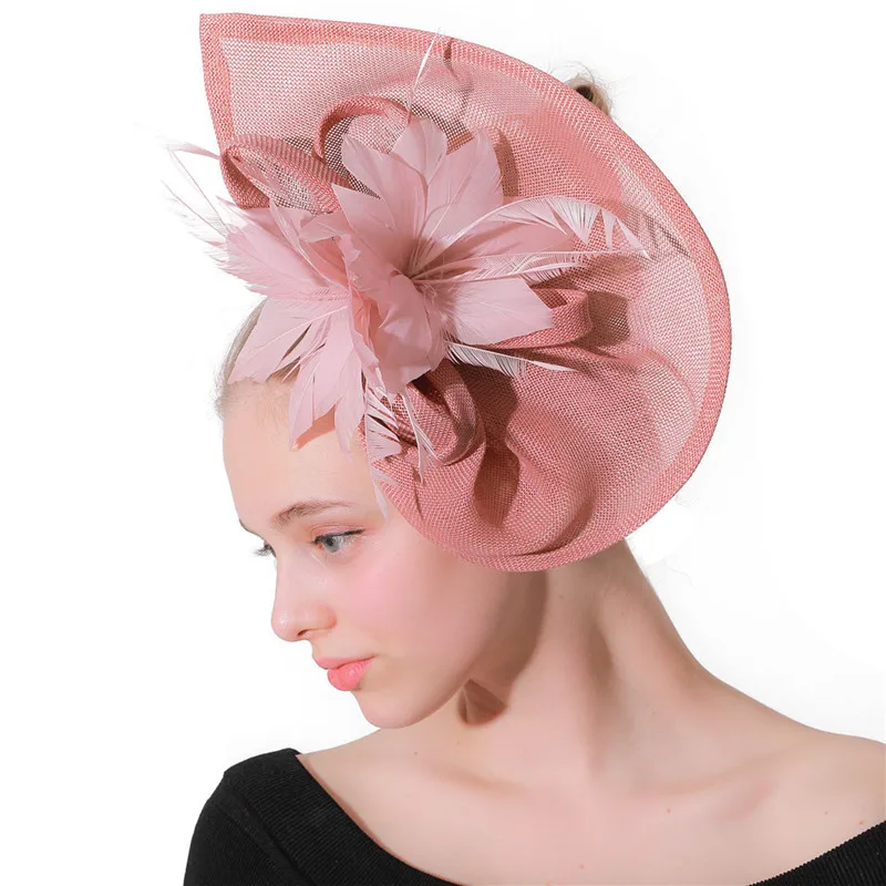 Church Wedding Pink Bow Fascinators Women Elegant Ladies Headwear Fedora Caps Hats Hair Clip Feather Decoration Headpiece SYF480