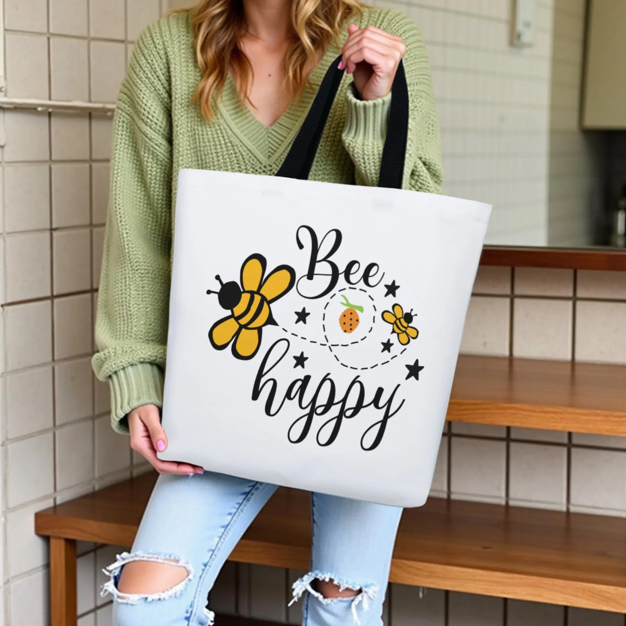 

Bee Happy Women Tote Bag Sunflower & Honey Bee Pattern Versatile Party Favor Handbag Travel - Sturdy Shoulder Carry Outing