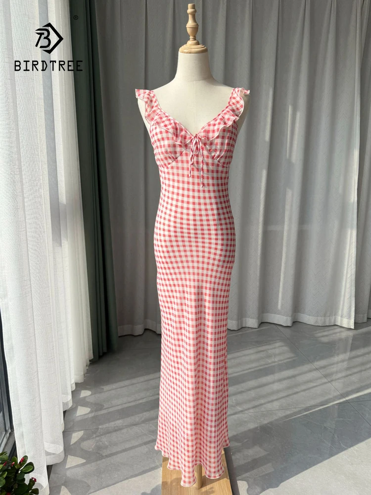 

BirdTree-10MM 100% Silk Elegant Dress, Women Sleeveless V Neck Plaid, French Retro Ruffles Dresses, 2025 Spring Summer D51810CC