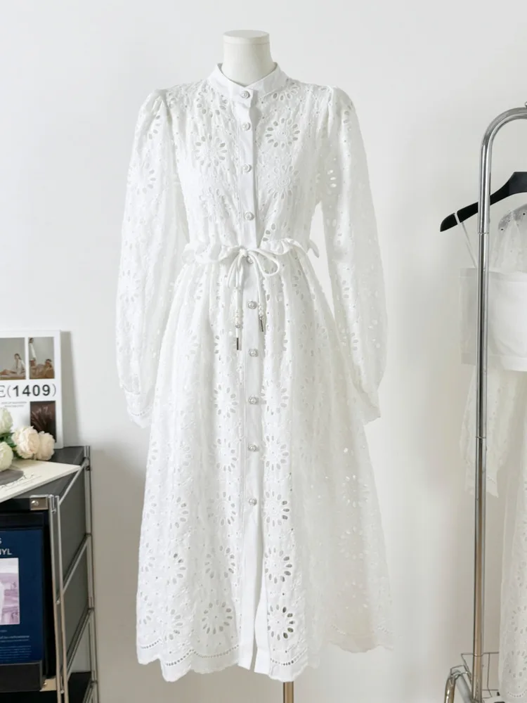 

White Lace Dress Women's French Design Skirt Hollow 25 Spring New Elegant Style Stand Collar Hollow Single-breasted Long Dresses