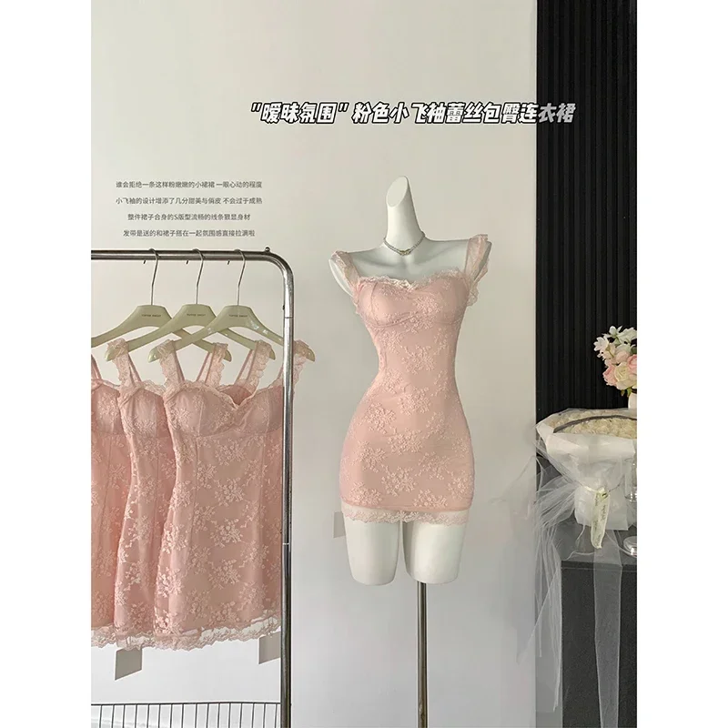 Vestido corto ajustado De encaje para Mujer, minivestido De manga voladora, rosa, dulce Chili, ceñido a la cadera, Verano
