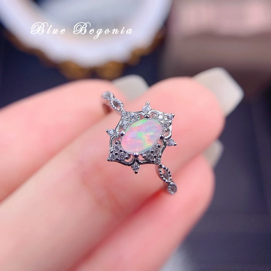 4*6MM Natural Australia Black Opal Ring 925 Sterling Silver Big Gemstone Jewelry for Women Wedding Engagement Gift