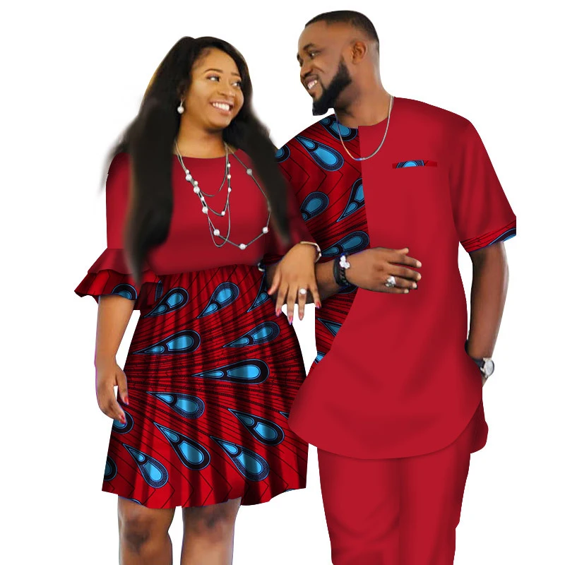 

Summer African Couple Matching Clothing Set Men Fashion Shirt Print Top Pants Bazin Riche Women Retro Party Dress Ankara Outfits