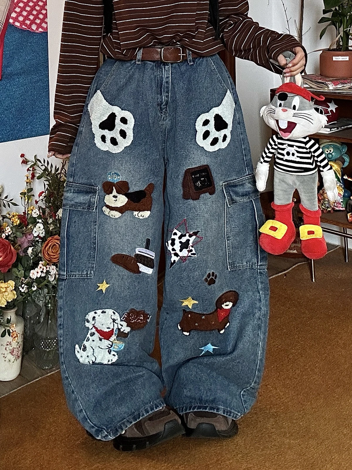 

American Sle Embroidered Animal Pattern Women's Jeans High Waist Loose Fit Spring 2026 Long Pants with Big kets