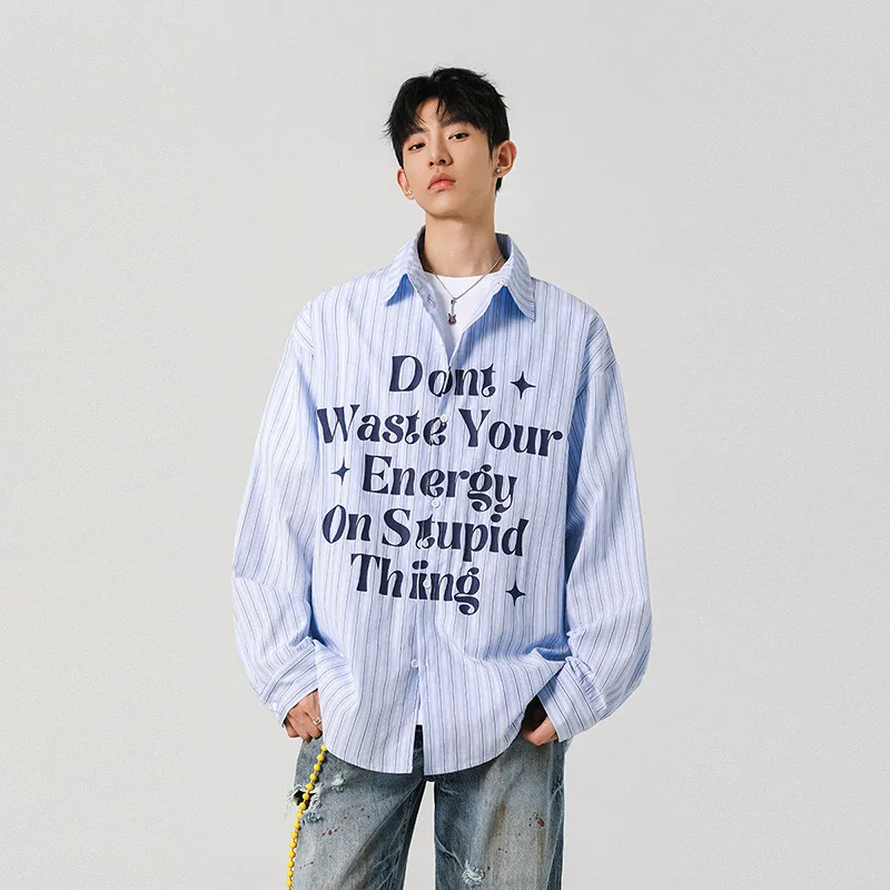 

Academic Style Striped Man Shirt with Letter Print，oversized Full Sleeve Women's Shirts, Spring & Autum Casual Top Clothing