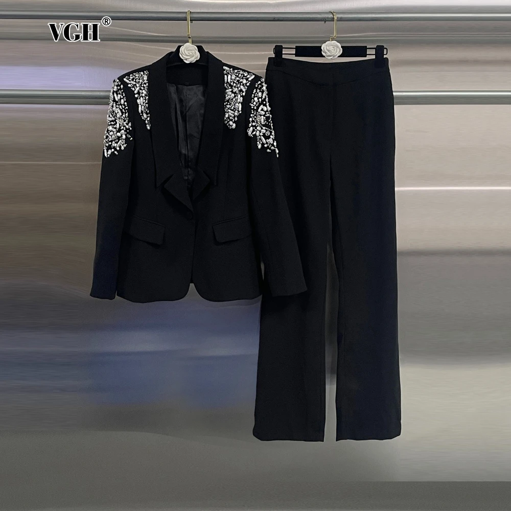 

VGH Black Spliced Diamond Two Piece Set for Women Notched Collar Long Sleeve Top High Waist Straight Pants Fashion Suit Female