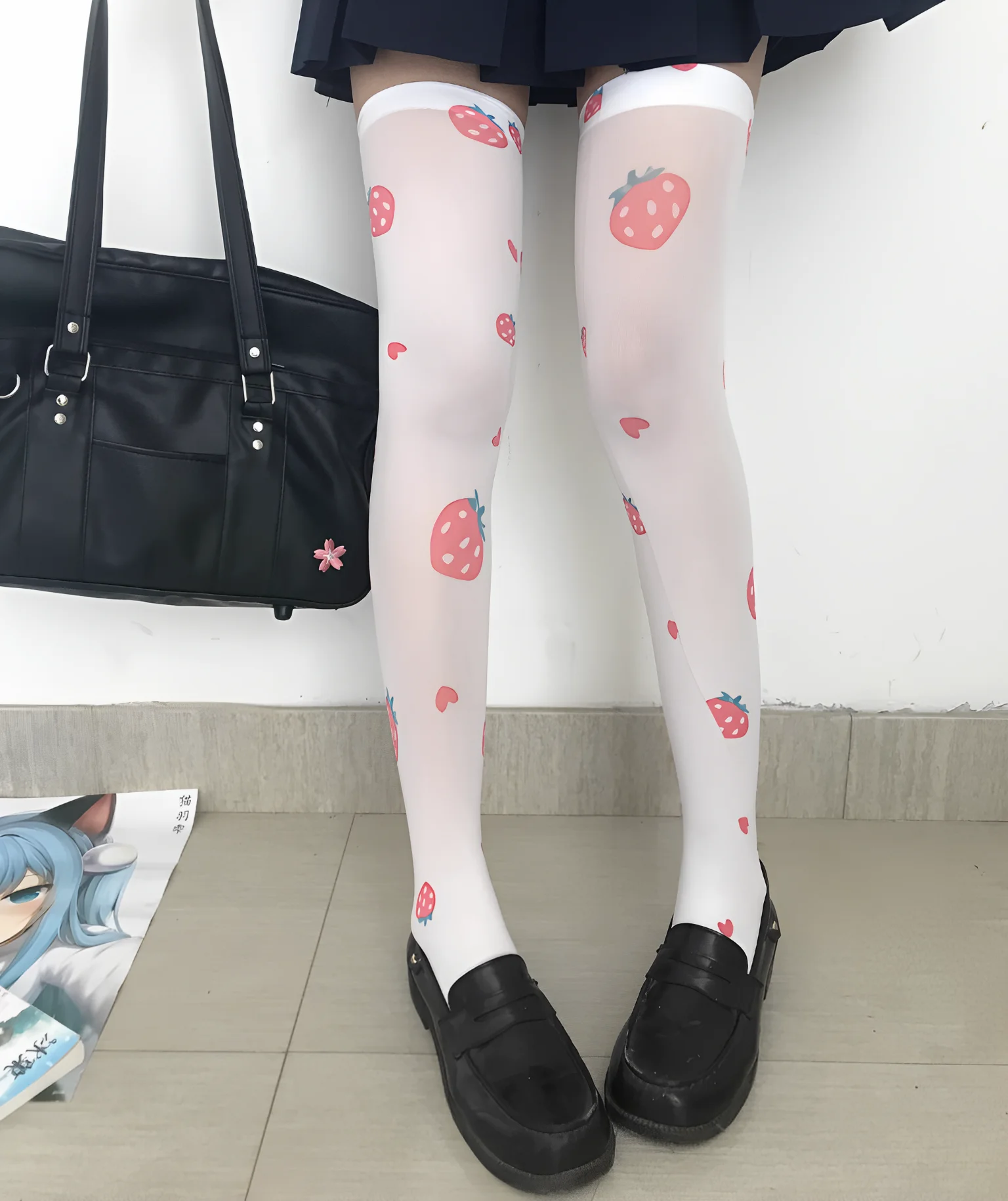 Pink strawberry ladies long stockings fashion Kawaii cute striped love knee stockings Lolita JK stockings cosplay