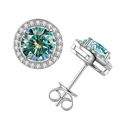 Teal Moissanite Stud Earrings Women's 1+1 Carat 18K Gold Plated S925 Silver Party Anniversary Jewelry with Certificate