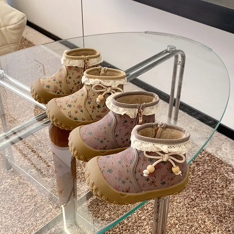 

Зимние ботинки с милым принтом для девочек, зимние теплые кожаные ботинки на подкладке из искусственного меха, нескользящая водонепроницаемая обувь для первых ходунков для малышей