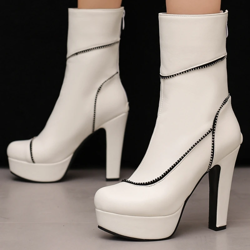 

Women's Ankle Boots Sexy Zipper Black Red White Short Boot High Heels Dance Party Shoes Lady Big Size 45 50 New 2024 Winter