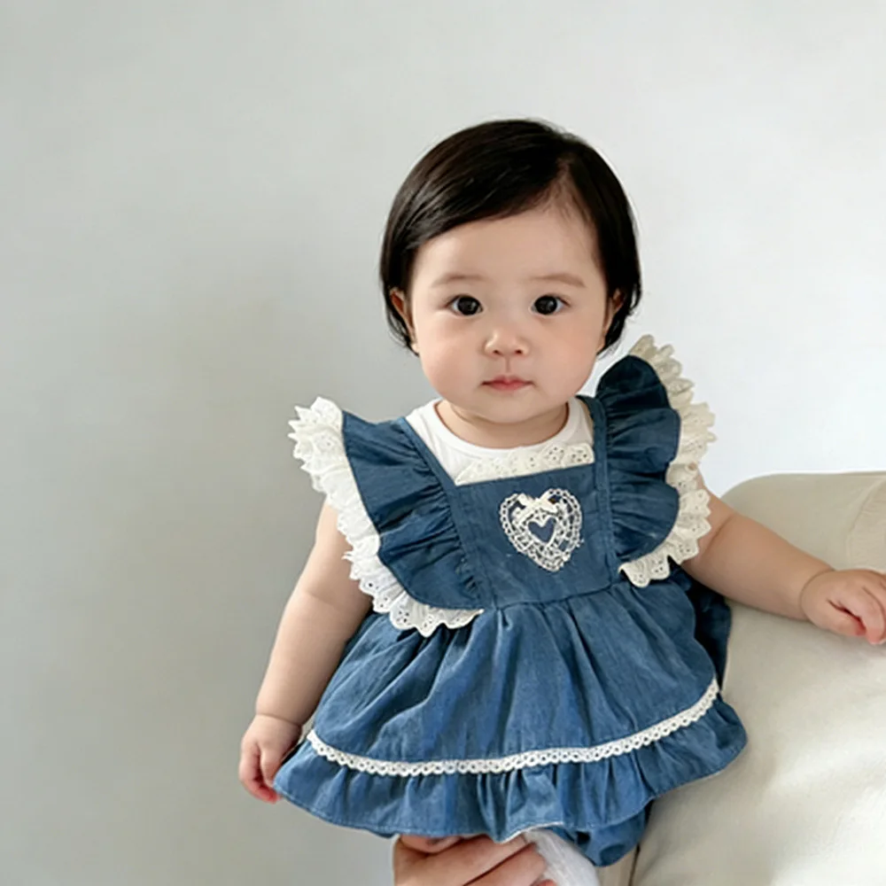 2026 Summer New Baby Girl Sleeveless Denim Bodysuit Cute Newborn Infant Denim Jumpsuit Dress Toddler Girl Clothes 0-24M