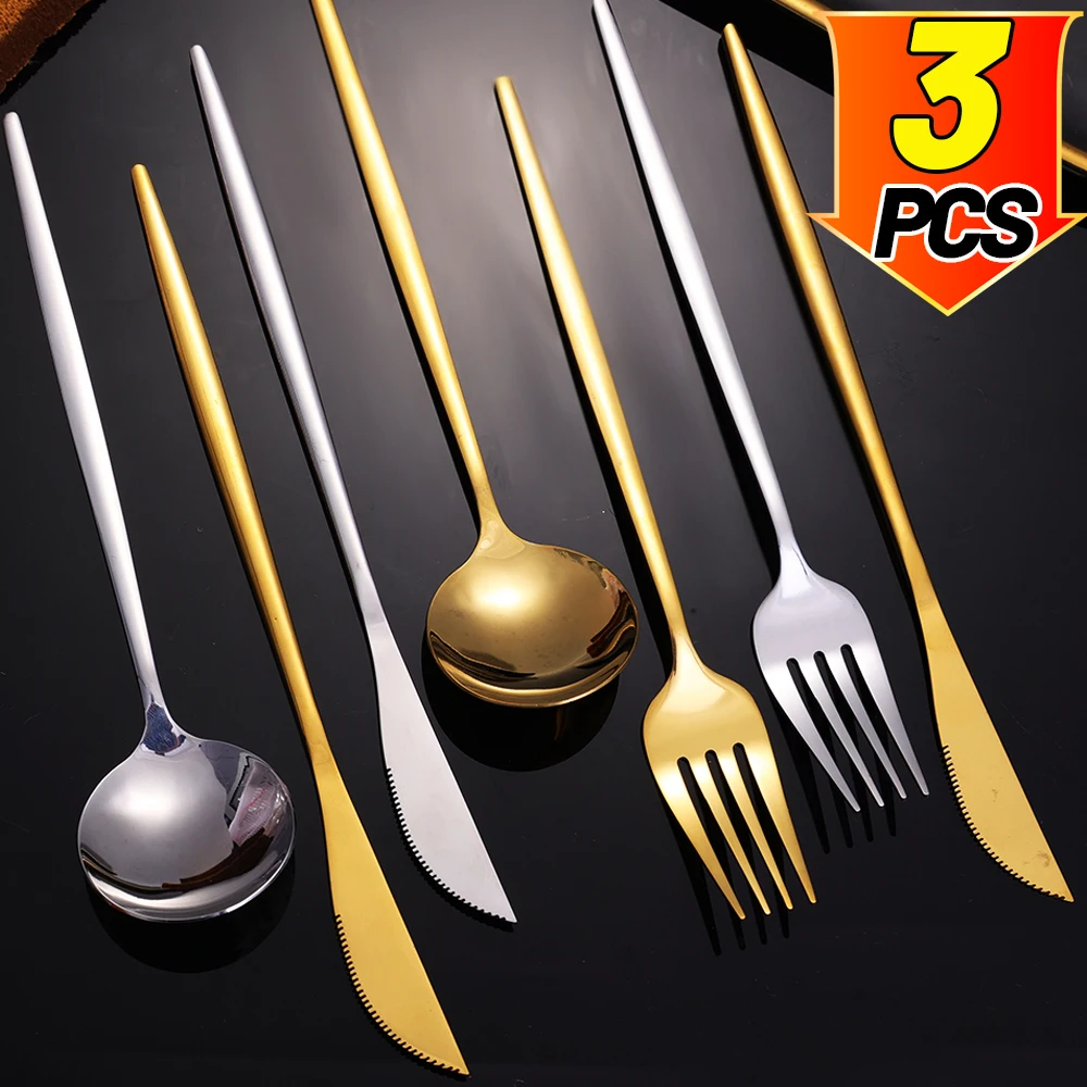 Stainless Steel Cutlery Set Long Handle Spoon Fork Knife Tea Coffee Rice Scoops Dumpling Porridge Soup Spoon Kitchen Tableware