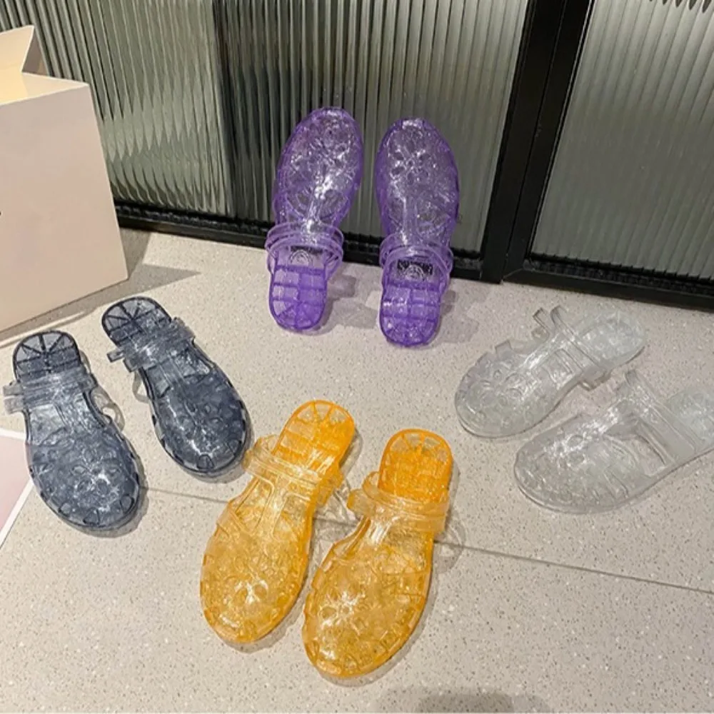 

Transparent PVC Crystal Slippers Cover Toe Hollow Flower Flats Slippers Women Anti Slip Beachwear Shoes Slides Sandals