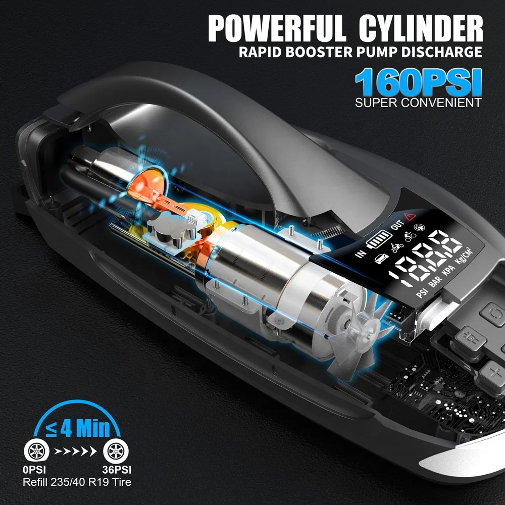 Car Jumper Battery Pack 6000A 150psi 27000mAh 150W Spark Proof Inflator Multifunction LED Light Highpower For Car
