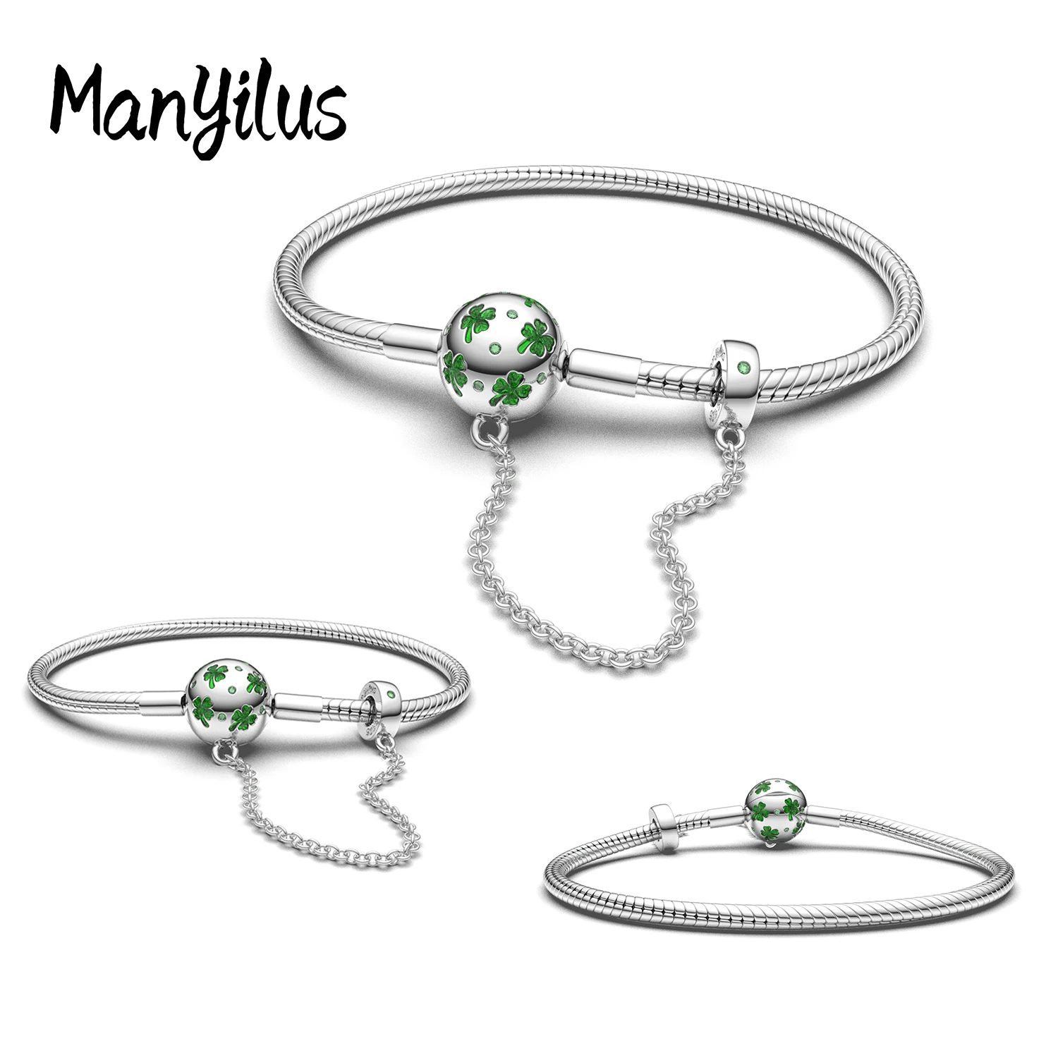 Manyilus 925 Sterling Silver Green Clover Enamel Snake Chain Bracelet Safety Chain Lucky Four‑Leaf Clover Charms Bracelet Women