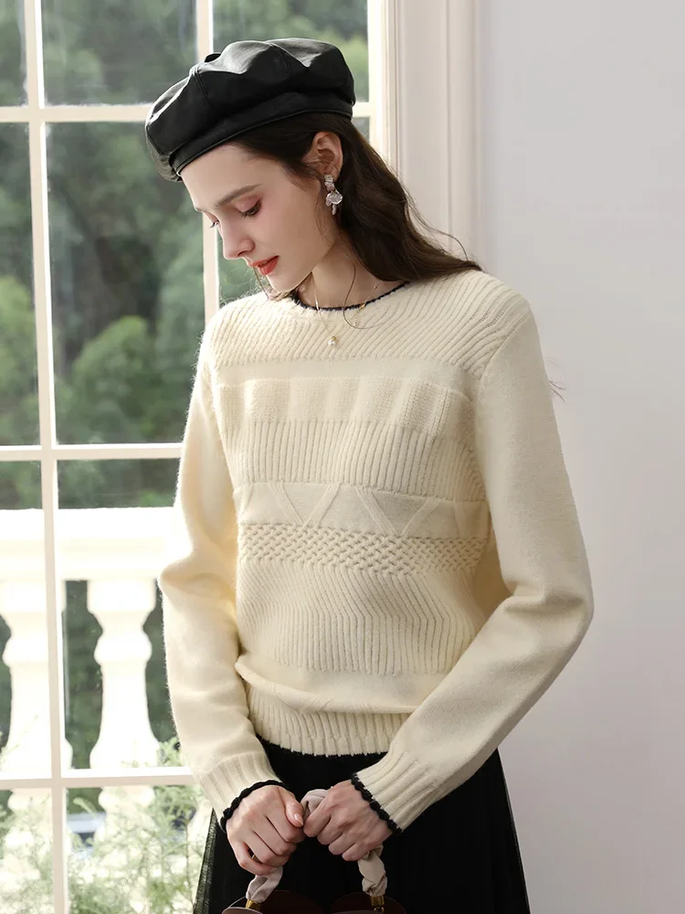 I BELIEVE YOU Beige hooked edge crew neck knitted sweater women's 2024 autumn winter new thickened warm casual top 2244125748