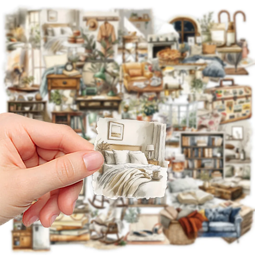 50/100Pcs Vintage Furniture Art PET Stickers for Storage Box Wardrobe Bookshelf Cabinet Fridge Phone Stationery Box