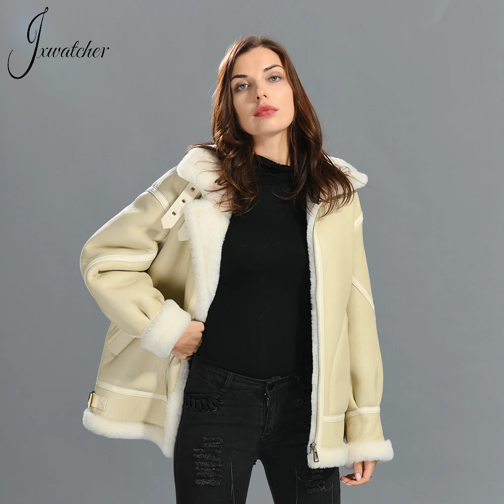 

Jxwatcher Women's Winter Shearling Jacket Real Leather Coat Natural Sheep Fur Wool Liner Inside Genuine Sheepskin Fur Outwear