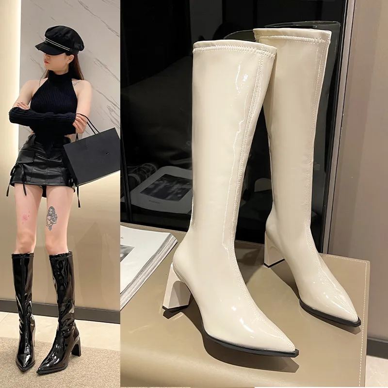 

White Shoes Women's Leather Boots Sexy Thigh High Heels High Sexy Ladies Pointy Over-the-Knee Stiletto Pumps Pointed Toe Patent