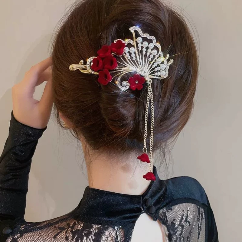 

Female Red Flowers Tassels Pearls Hair Styling Tools Hair Clips Barrettes for Women Christmas Hairpins Party New Year Headwear