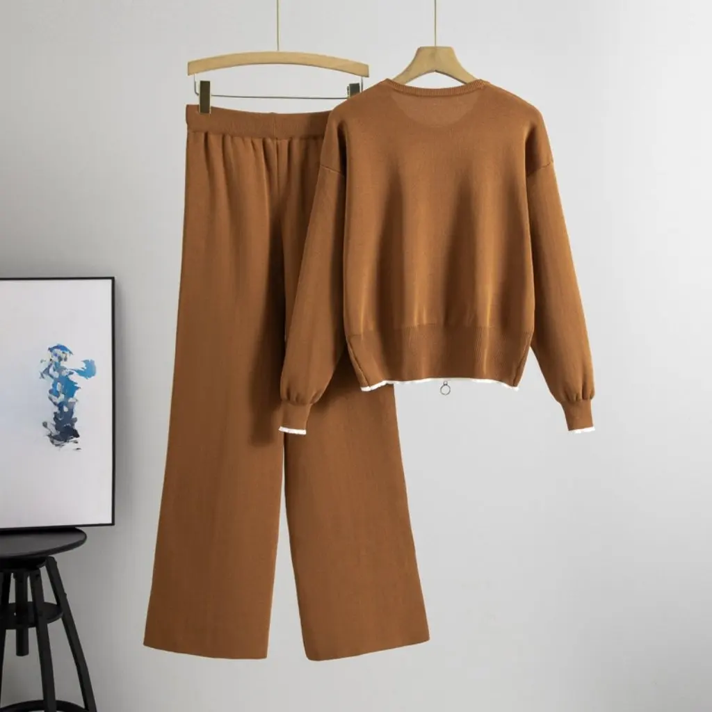 

Women's Casual Sports Suit Knitted Sweater Wide-Leg Pants Two-Piece Set Fashionable European Style for Autumn