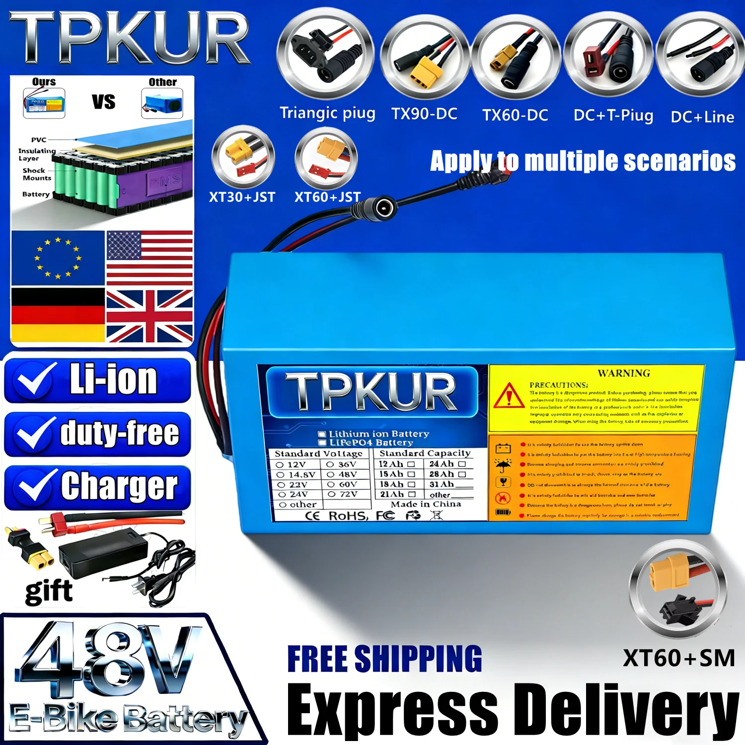 High-performance 48V 18650 lithium battery, 10000mAh, 13S 2P assembly. Compatible with 300W to 1000W Intelligent built-in BMS