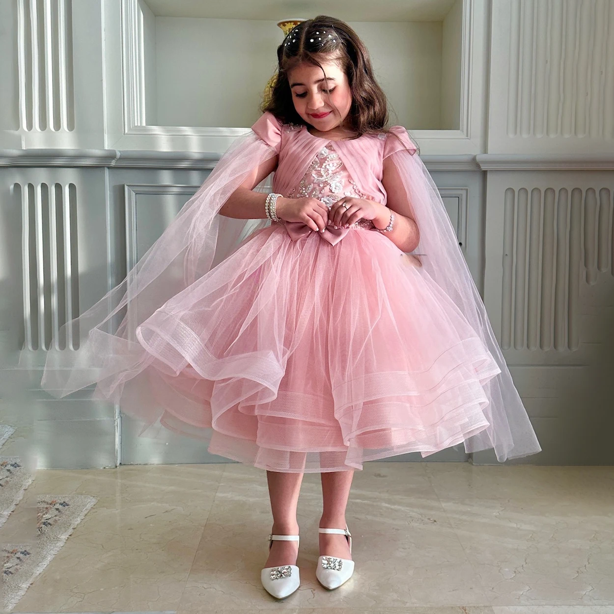 Elegantes Blumenmädchenkleid aus Tüll für Geburtstag, Hochzeit, Prinzessinnen-Ballkleid, Mädchen-Abendkleid mit Schleife, Taufkleid, Festliches Kleid