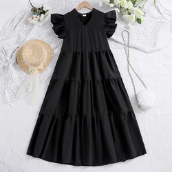 Summer Dress For Girls 8-12 Years Black V-neck Dress With Small Flying Sleeves Leisure And Comfort