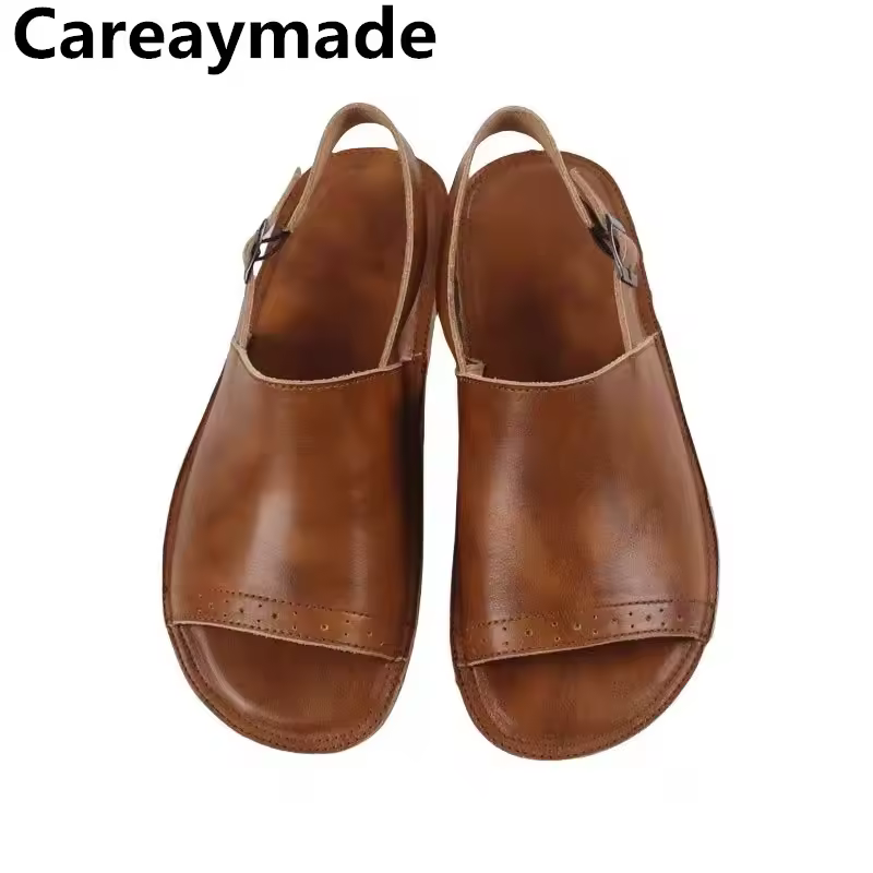 Careaymade-Spring Head layer cowhide shoes,Pure handmade flat Wipe color shoes,Women the retro art mori girl Retro big Sandals