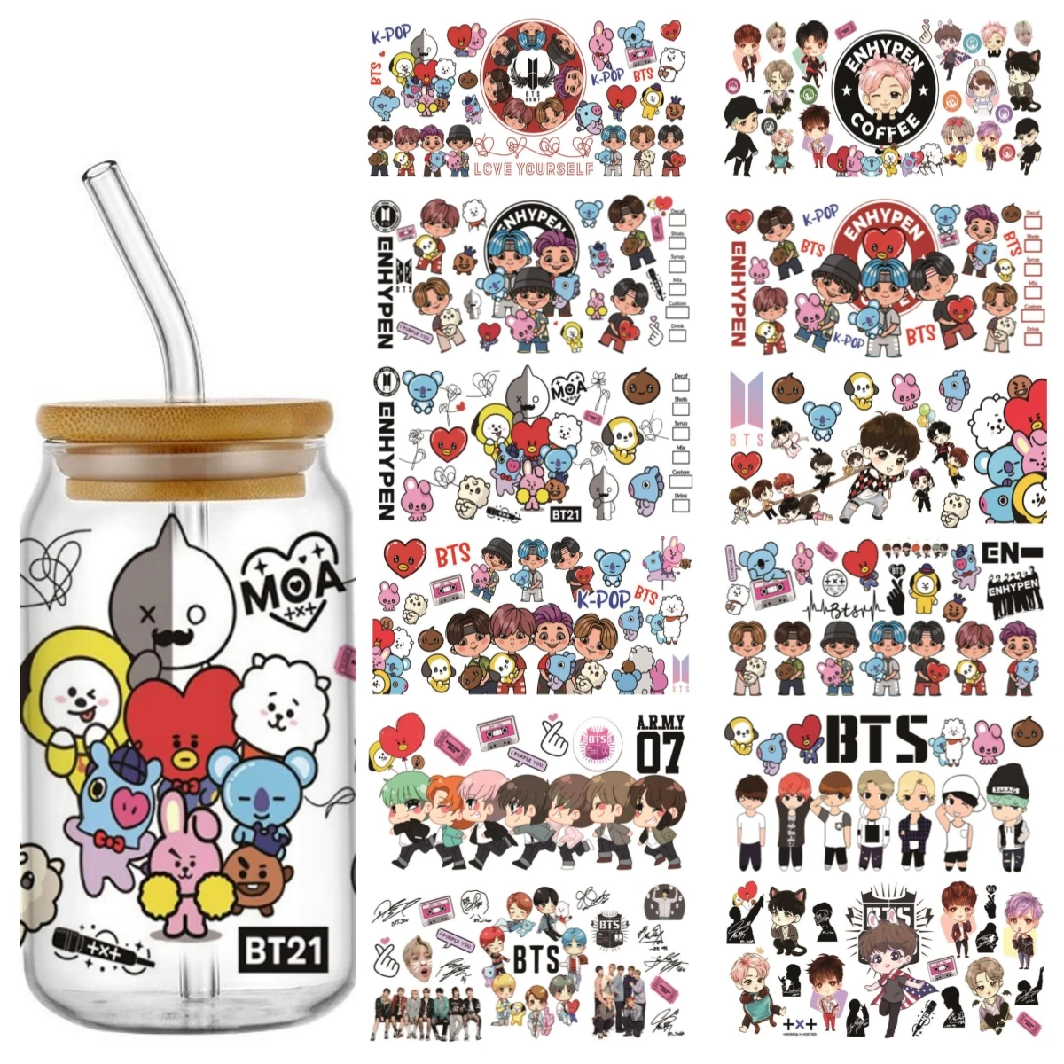 Miniso cute characters UV DTF Cup Wrap 16oz Libbey Glass Can DIY Sticker Cartoon Selfadhesive Washable DIY