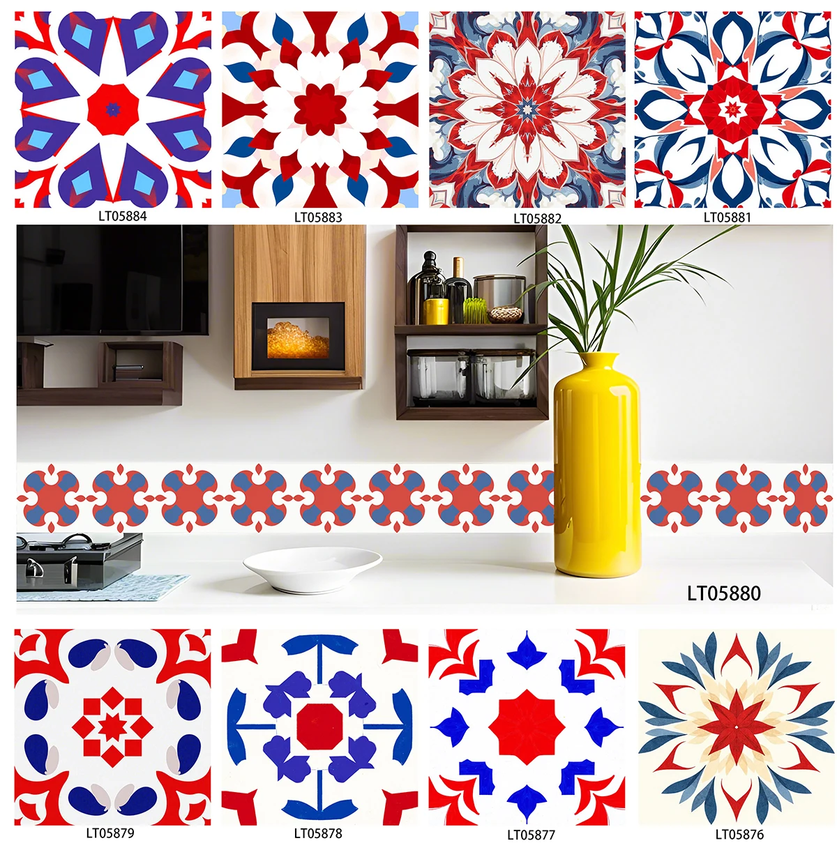 Red Blue Mandala Tile Stickers Self Adhesive Waterproof Wall Decals for Kitchen Cabinet Stair Riser Skirting Home Decor