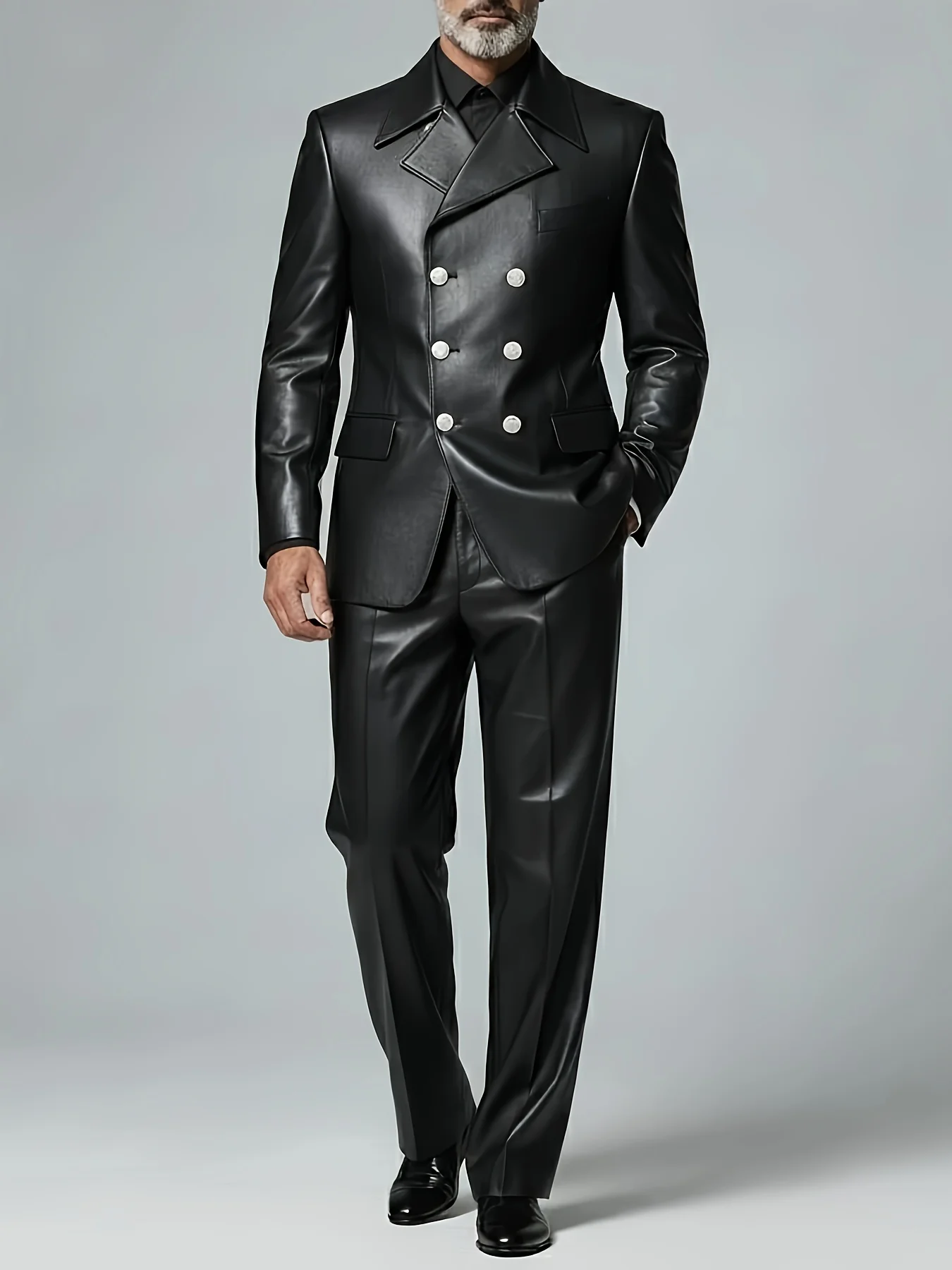 

Men's Fashion Black PU Leather Notched Lapel Double Breasted Long Sleeve Blazer（ jacket only）
