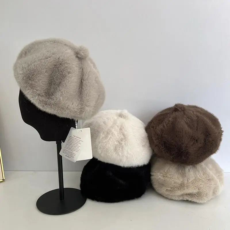 Thickened Plush Beret for Women Winter Fleece Lined Hats Painter Style Elastic Cold Weather Caps Vintage Retro Fashion Outdoor