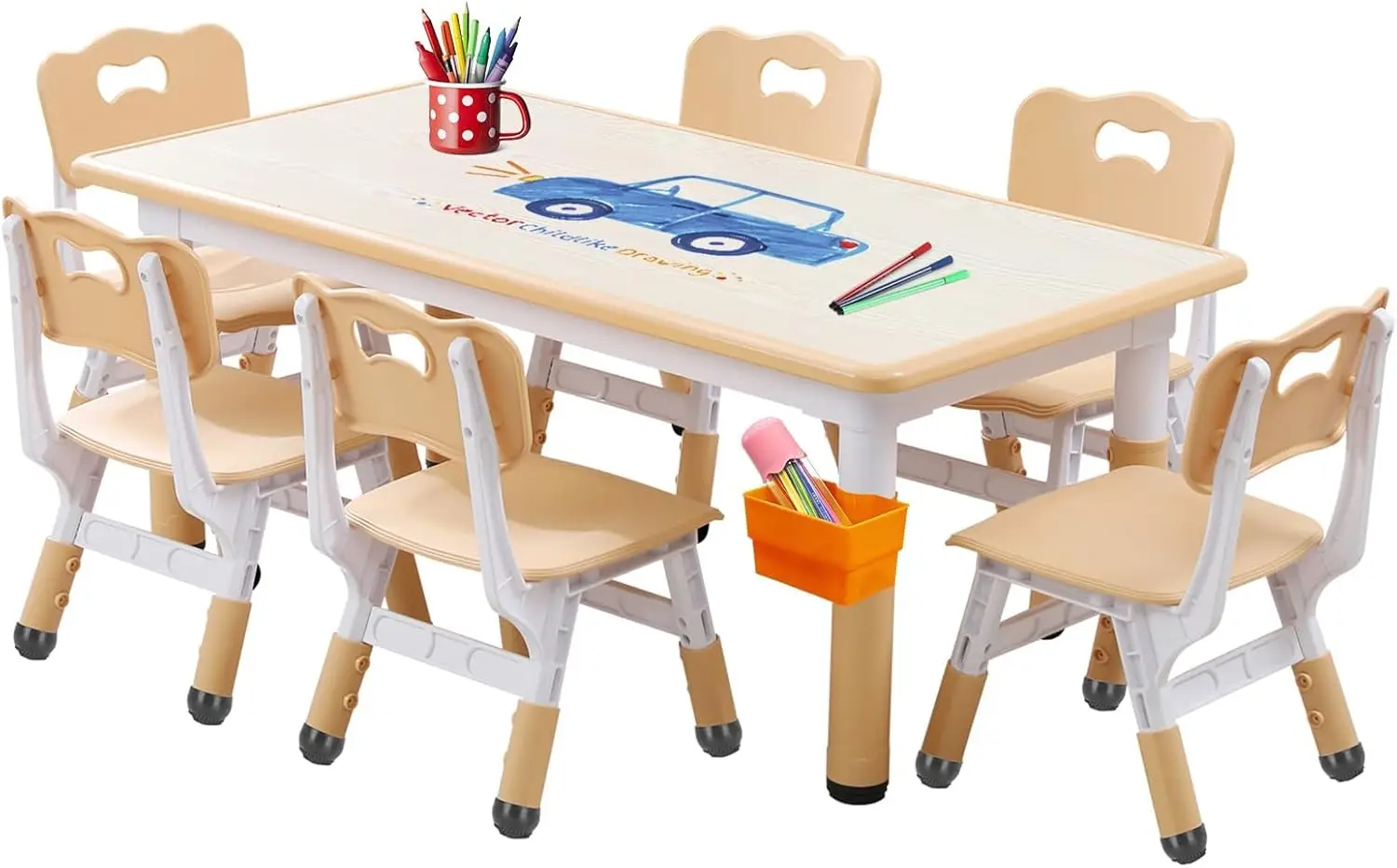 Table and Chair Set, Height Adjustable Toddler Table and 6 Chairs Set for Ages 2-12, Graffiti Desktop, Non-Slip Legs, Arts & Cra