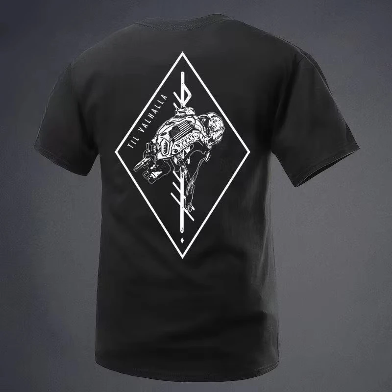 Militärischer Stil, taktischer Trend, Marke Til Valhalla, geometrisches Diamant-T-Shirt für Männer und Frauen, grafisches T-Shirt aus Baumwolle, Sommer-Streetwear – Detail 3
