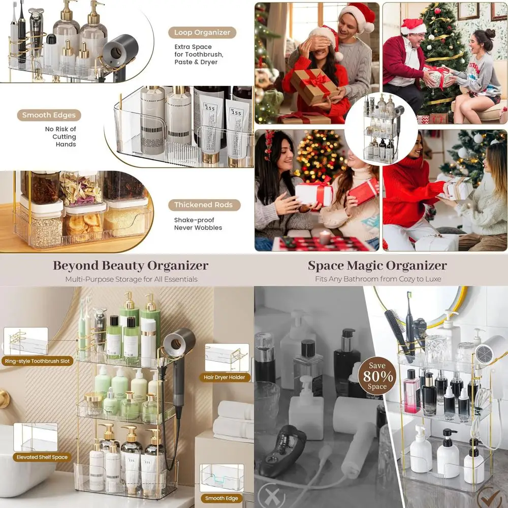 

3-х уровневый органайзер для туалетного столика с держателем для фена, местом для хранения косметики и духов и подставкой для зубных щеток