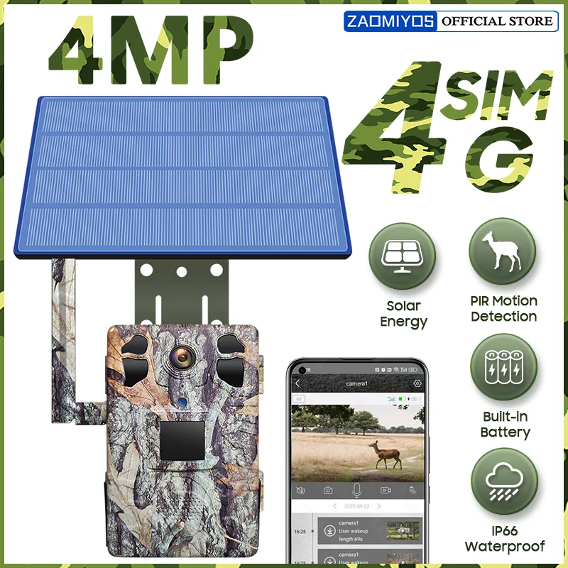 ZAOMIYOS 4MP 4G SIM Solar Hunting Trail Camera PIR Motion Detection Large Capacity Battery Outdoor Night Vision Wildlife Camera