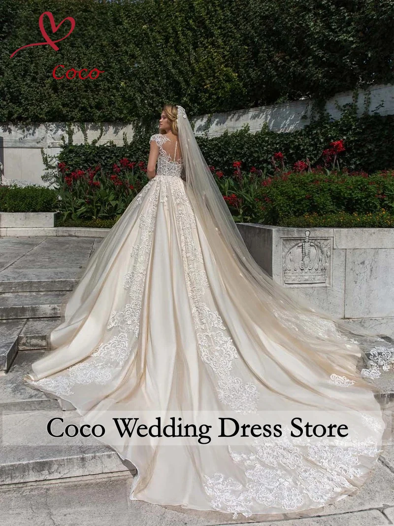 Customised Luxury Sheer Neck Shinny Appliques  Beads Wedding Dress Vestidos Noivas Ballgown Cap Sleeves Garden Bridal Gown