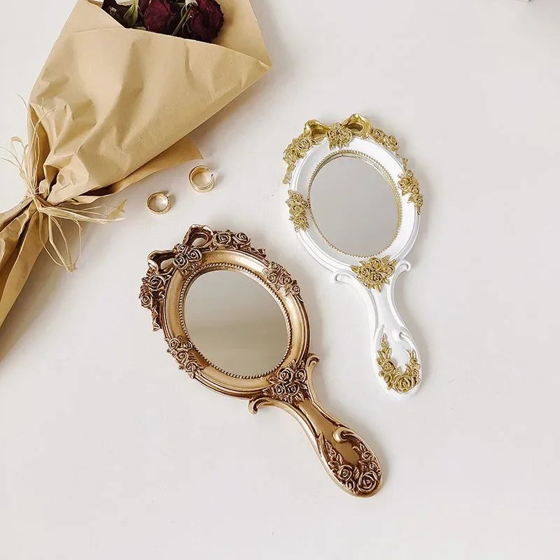 Retro Handle Mirror Holding Hand-held Mirror Oval Hotel Taking Photos Antique Baroque Golden Resin Mirror Home Decor