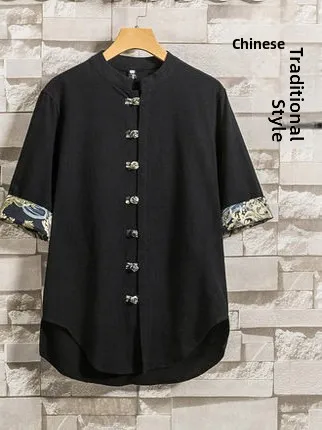 

Summer Cotton Linen Shirt Men's Short Sleeve Chinese Style Stand Collar Retro Button Embroidery Tang Costume Half Sleeve Shirt
