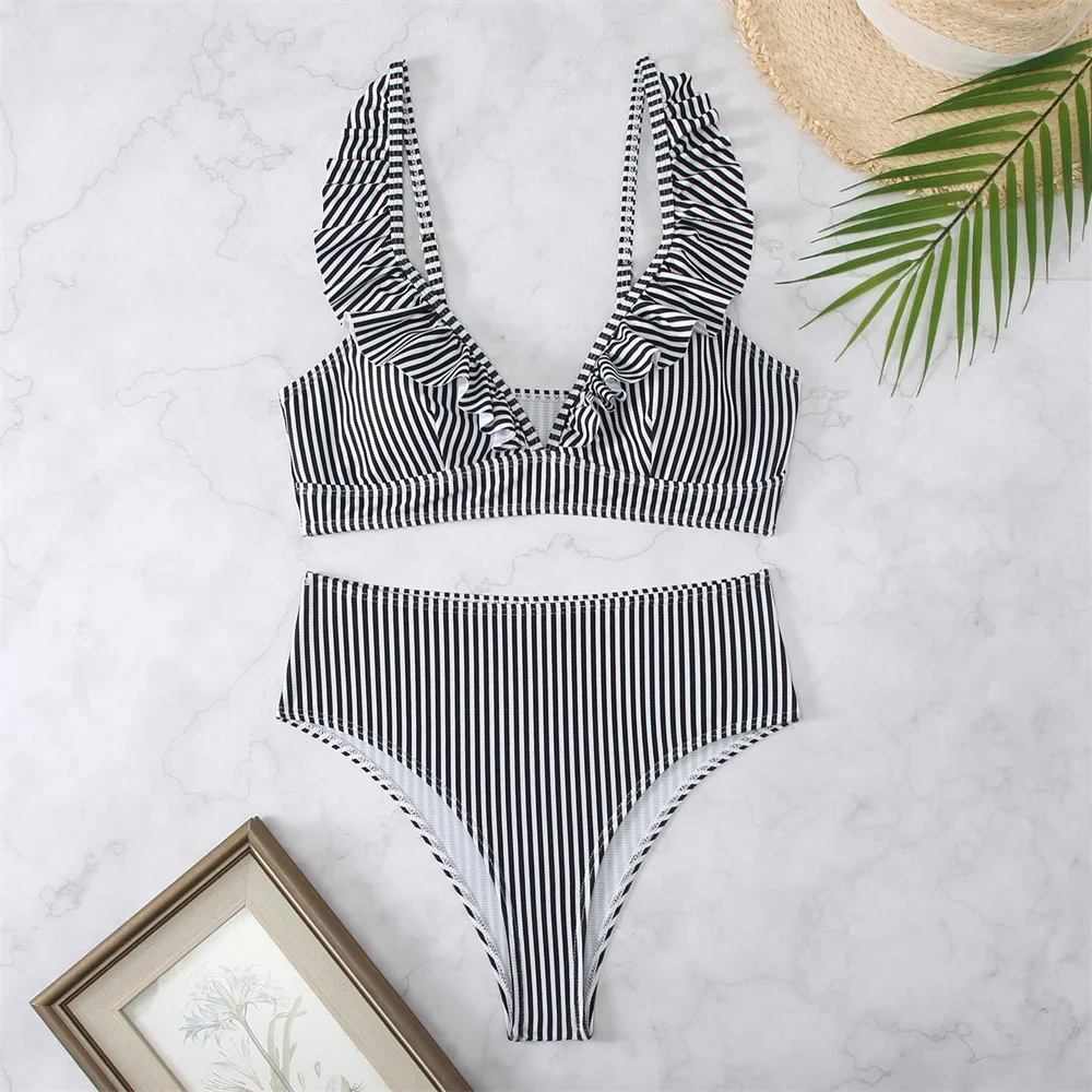 

Vintage Striped Bikini Ruffles Push Up Swimsuit Thong Split Vacation Swimwears Women Trend Beach Bathing Suits Biquinis Feminino