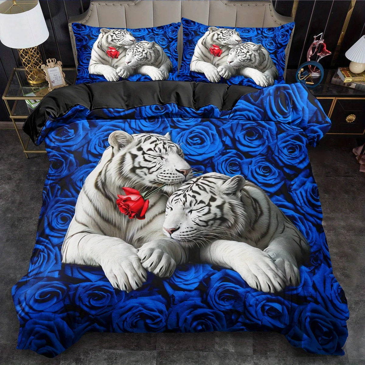 White Tiger Soft Comfortable Duvet Cover Set Large Red Blue Rose Flower Bedding Set - Queen Size
